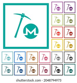 Monero cryptocurrency mining flat color icons with quadrant frames on white background