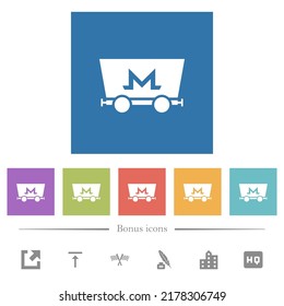 Monero cryptocurrency mining flat white icons in square backgrounds. 6 bonus icons included.