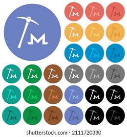 Monero cryptocurrency mining multi colored flat icons on round backgrounds. Included white, light and dark icon variations for hover and active status effects, and bonus shades.