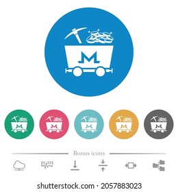 Minería de criptodivisa monero con iconos blancos planos sobre fondo de color redondo. 6 iconos de bonificación incluidos.