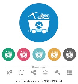Monero cryptocurrency mining with treasure flat white icons on round color backgrounds. 6 bonus icons included.
