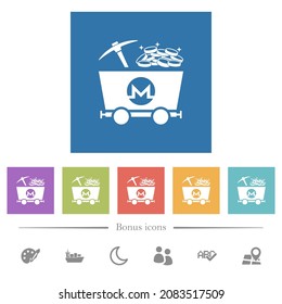 Monero cryptocurrency mining with treasure flat white icons in square backgrounds. 6 bonus icons included.