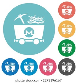 Monero cryptocurrency mining with treasure flat white icons on round color backgrounds