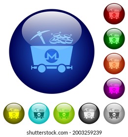 Monero cryptocurrency mining with treasure icons on round glass buttons in multiple colors. Arranged layer structure