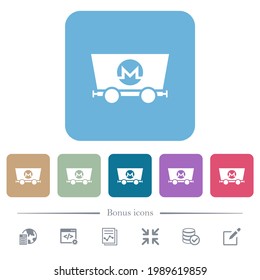 Monero cryptocurrency mining white flat icons on color rounded square backgrounds. 6 bonus icons included