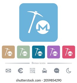 Monero cryptocurrency mining white flat icons on color rounded square backgrounds. 6 bonus icons included
