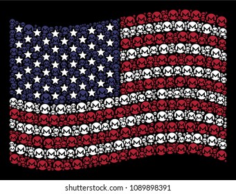 Monero currency items are organized into waving USA flag mosaic on a dark background. Vector collage of USA state flag is done of Monero currency items.