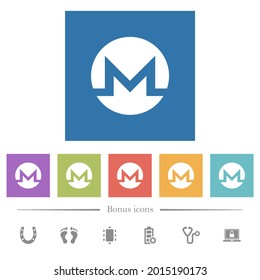 Monero digital cryptocurrency flat white icons in square backgrounds. 6 bonus icons included.