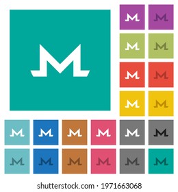 Monero digital cryptocurrency multi colored flat icons on plain square backgrounds. Included white and darker icon variations for hover or active effects.
