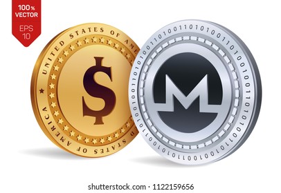 Monero. Dollar coin. 3D isometric Physical coins. Digital currency. Cryptocurrency. Golden and silver coins with Monero and Dollar symbol isolated on white background. Vector illustration.