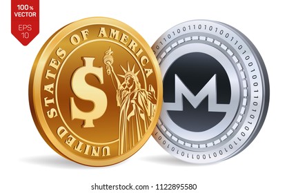 Monero. Dollar coin. 3D isometric Physical coins. Digital currency. Cryptocurrency. Golden and silver coins with Monero and Dollar symbol isolated on white background. Vector illustration.