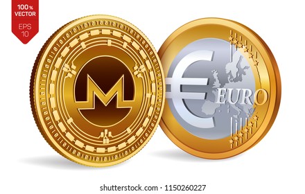 Monero. Euro. 3D isometric Physical coins. Digital currency. Cryptocurrency. Golden coins with Monero and Euro symbol isolated on white background. Vector illustration.