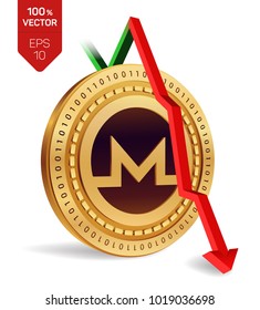 Monero. Fall. Red arrow down. Monero index rating go down on exchange market. Crypto currency. 3D isometric Physical Golden coin isolated on white background. Vector illustration