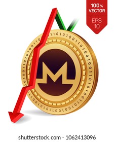 Monero. Fall. Red arrow down. Monero index rating go down on exchange market. Crypto currency. 3D isometric Physical Golden coin isolated on white background. Vector illustration.
