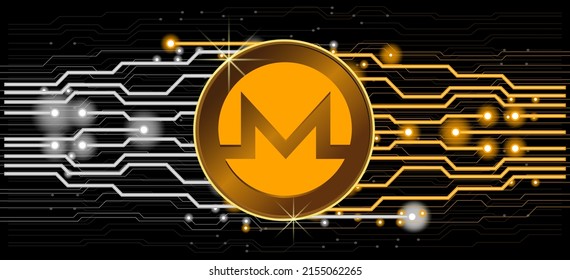 Monero in gold blockchain crypto currency digital encryption. Monero digital money exchange. Computer circuit background. Network online money digital currency technology computer cryptography