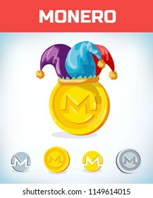 monero in jester hat. monero. Digital currency. Crypto currency. Money and finance symbol. Miner bit coin criptocurrency. Virtual money concept. Cartoon Vector illustration.