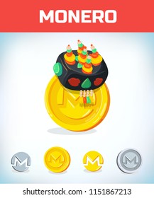 monero in korean hat. monero. Digital currency. Crypto currency. Money and finance symbol. Miner bit coin criptocurrency. Virtual money concept. Cartoon Vector illustration.