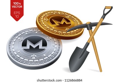 Monero mining concept. 3D isometric Physical bit coin with pickaxe and shovel. Digital currency. Cryptocurrency. Golden and silver Monero coins isolated on white background. Vector illustration.