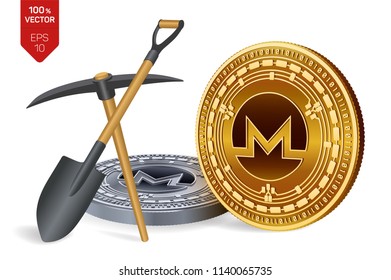 Monero mining concept. 3D isometric Physical bit coin with pickaxe and shovel. Digital currency. Cryptocurrency. Golden and silver Monero coins isolated on white background. Vector illustration.