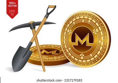 Monero mining concept. 3D isometric Physical bit coin with pickaxe and shovel. Digital currency. Cryptocurrency. Golden Monero coins isolated on white background. Vector illustration.