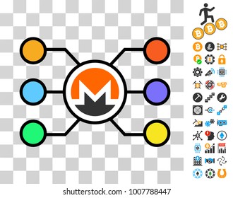 Monero Network Structure pictograph with bonus bitcoin mining and blockchain icons. Vector illustration style is flat iconic symbols. Designed for crypto-currency software.