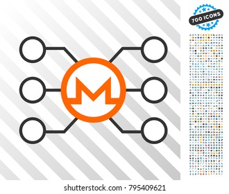 Monero Node Links pictograph with 700 bonus bitcoin mining and blockchain graphic icons. Vector illustration style is flat iconic symbols design for bitcoin apps.