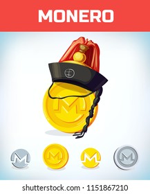 monero in orean hat. monero. Digital currency. Crypto currency. Money and finance symbol. Miner bit coin criptocurrency. Virtual money concept. Cartoon Vector illustration.