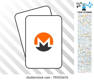 Monero playing cards pictograph with 7 hundred bonus bitcoin mining and blockchain pictographs. Flat vector clipart for gambling and blockchain software.