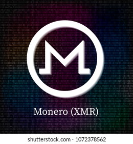 Monero symbol on dark binary code background. Cryptocurrency icon. Virtual digital money. Blockchain concept. Easy to use vector element of design for websites, social media, apps, logo etc.