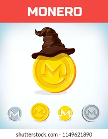 monero in witch hat. monero. Digital currency. Crypto currency. Money and finance symbol. Miner bit coin criptocurrency. Virtual money concept. Cartoon Vector illustration.