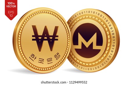 Monero. Won. 3D isometric Physical coins. Digital currency. Korea Won coin. Cryptocurrency. Golden coins with Monero and Won symbol isolated on white background. Vector illustration.