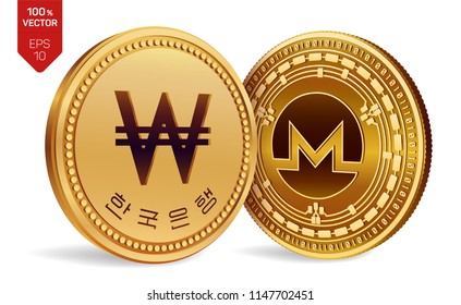 Monero. Won. 3D isometric Physical coins. Digital currency. Korea Won coin. Cryptocurrency. Golden coins with Monero and Won symbol isolated on white background. Vector illustration.