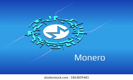 Monero XMR isometric token symbol in digital circle on blue background. Cryptocurrency icon. Vector illustration for website or banner.
