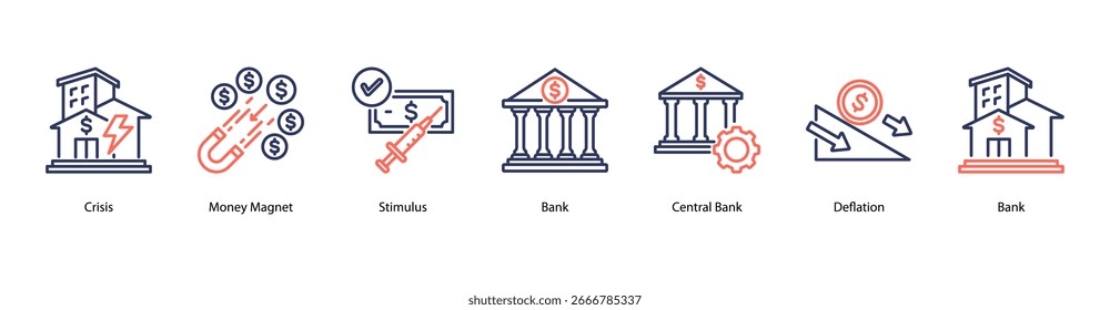 Autoridad Monetaria y Ilustración vectorial de Anuncio de Web de Respuesta que presenta Crisis, Imán de Dinero, Estímulo, Banco, Banco Central, Deflación y Recuperación.