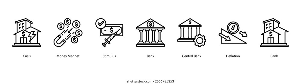 Monetary Authority and Response web banner vector illustration featuring Crisis, Money Magnet, Stimulus, Bank, Central Bank, Deflation, and Recovery.