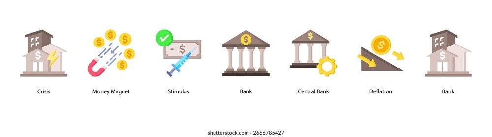 Autoridad Monetaria y Ilustración vectorial de Anuncio de Web de Respuesta que presenta Crisis, Imán de Dinero, Estímulo, Banco, Banco Central, Deflación y Recuperación.