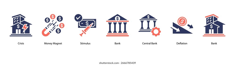 Autoridad Monetaria y Ilustración vectorial de Anuncio de Web de Respuesta que presenta Crisis, Imán de Dinero, Estímulo, Banco, Banco Central, Deflación y Recuperación.