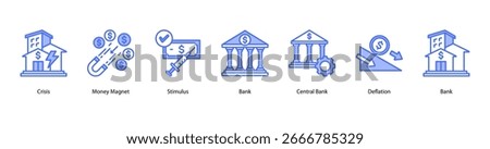 Monetary Authority and Response web banner vector illustration featuring Crisis, Money Magnet, Stimulus, Bank, Central Bank, Deflation, and Recovery.