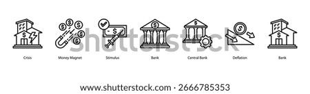 Monetary Authority and Response web banner vector illustration featuring Crisis, Money Magnet, Stimulus, Bank, Central Bank, Deflation, and Recovery.