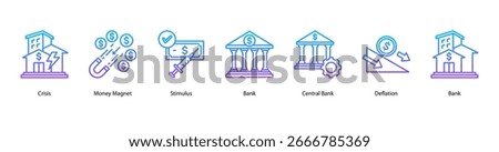Monetary Authority and Response web banner vector illustration featuring Crisis, Money Magnet, Stimulus, Bank, Central Bank, Deflation, and Recovery.