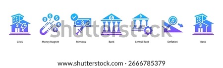 Monetary Authority and Response web banner vector illustration featuring Crisis, Money Magnet, Stimulus, Bank, Central Bank, Deflation, and Recovery.