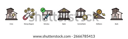 Monetary Authority and Response web banner vector illustration featuring Crisis, Money Magnet, Stimulus, Bank, Central Bank, Deflation, and Recovery.