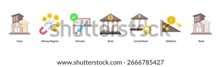 Monetary Authority and Response web banner vector illustration featuring Crisis, Money Magnet, Stimulus, Bank, Central Bank, Deflation, and Recovery.