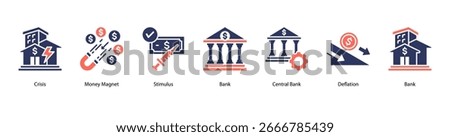 Monetary Authority and Response web banner vector illustration featuring Crisis, Money Magnet, Stimulus, Bank, Central Bank, Deflation, and Recovery.