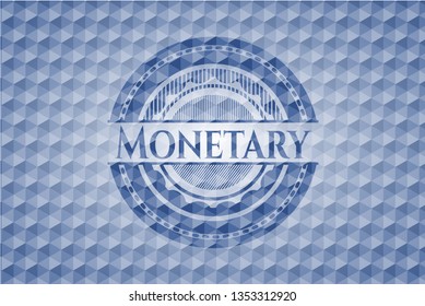 Monetary blue hexagon emblem.