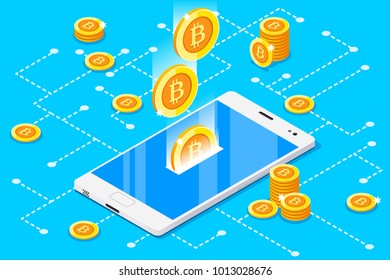 Monetary business with bitcoin currency. Smartphone with gold rain of bitcoins. 3D vector design.