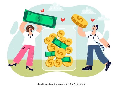 Monetary donations to charity from man and woman throwing coins and banknotes into transparent jar. Two volunteers fill financial fund with donations collected by activists to help those in need.