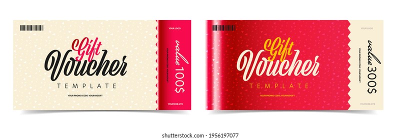 Monetary gift voucher promotional card design template. Realistic sale discount certificate, coupon or leaflet. Winner money reward tear-off ticket. Shop invitation promo. Vector 3d illustration