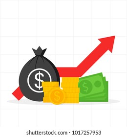Monetary growth. Red Arrow Dollar, Coins, money bag. Vector illustration.