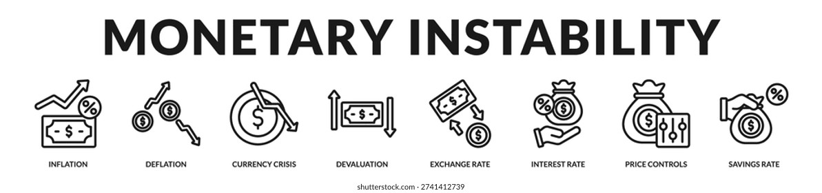 Monetary instability framework presenting currency fluctuations, rate volatility, and macroeconomic pricing dynamics. in Lineal Icon Style